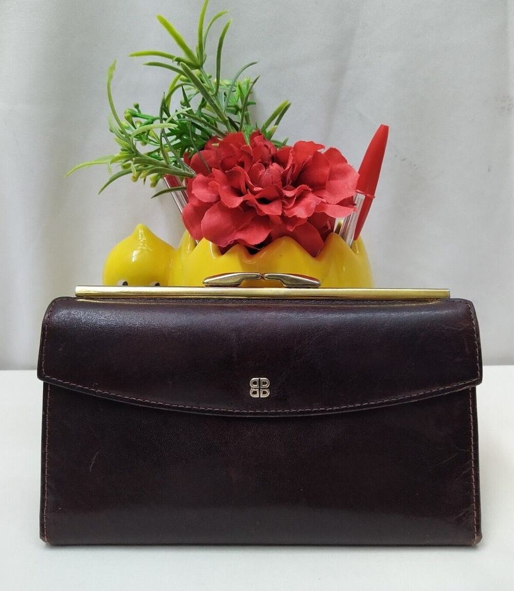 Bosca Burgundy Leather Kisslock Credit Card Trifold Long Wallet - Made in USA